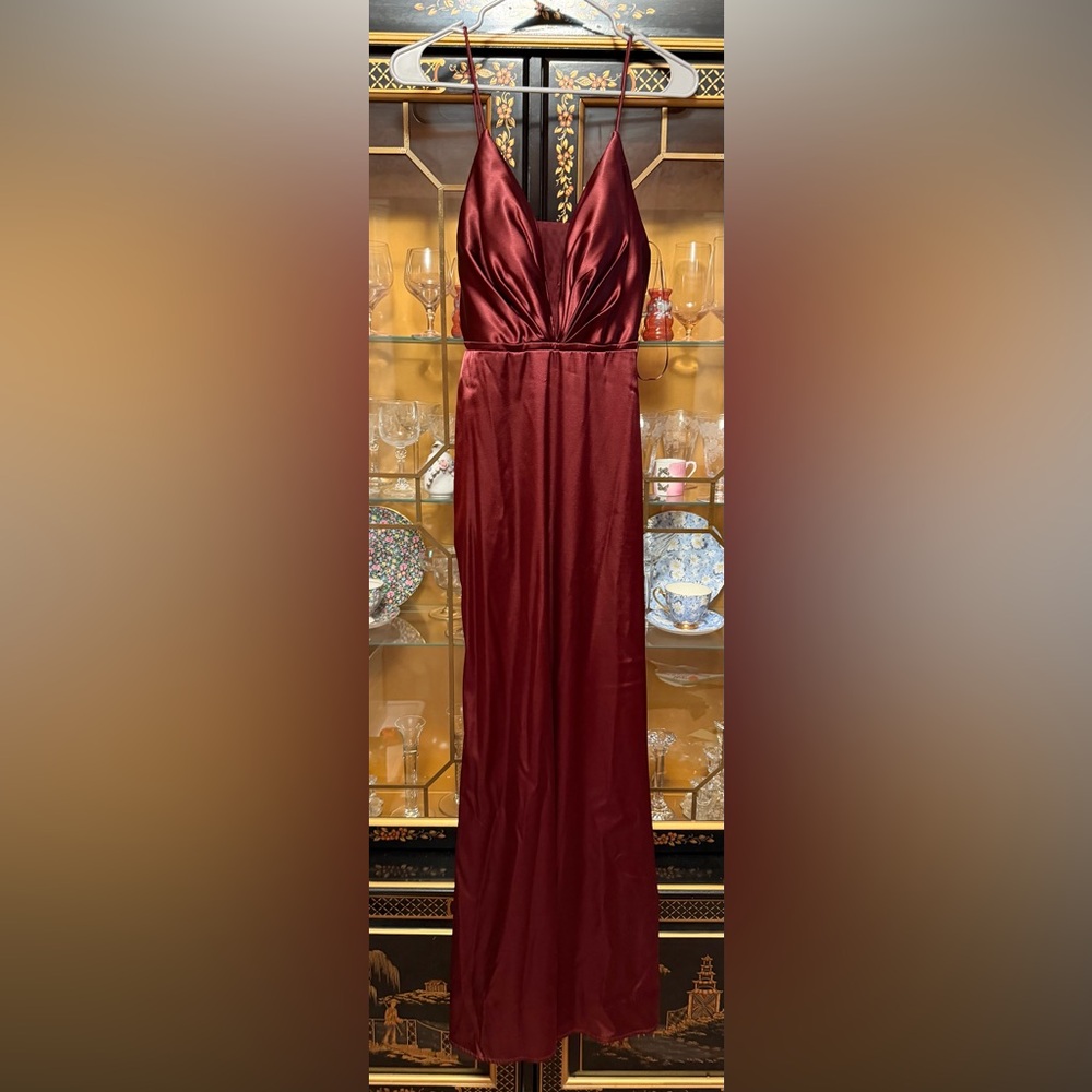 Aqua Satin Burgundy Maxi Dress with Spaghetti Straps